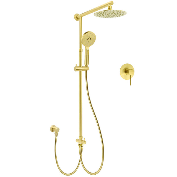 Brushed Gold Twin Shower 8" Round Head 3 Mode Handheld Rose Sliding Rail With Mixer Set Shower Heads & Combos