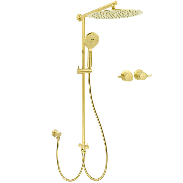 Wels Brushed Gold Round 12" Shower Head 3 Mode Handheld Rose Sliding Rail Twin Taps Set Shower Heads & Combos