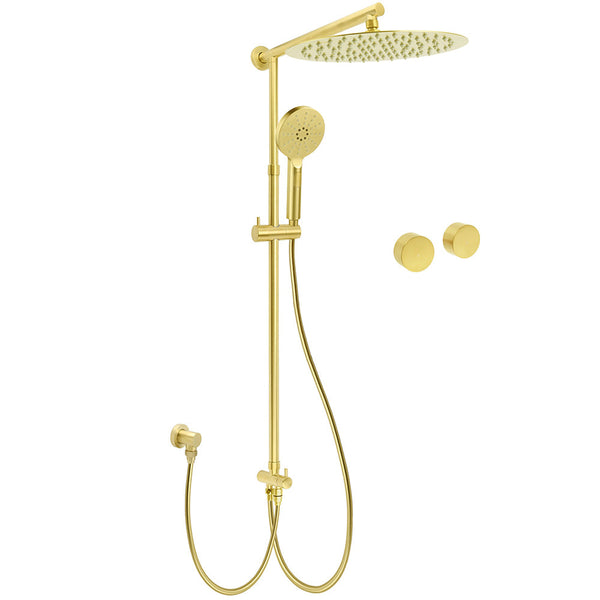 Wels Brushed Gold Rain Shower 12" Head 3 Mode Handheld Rose Sliding Rail Round Taps Set Shower Heads & Combos