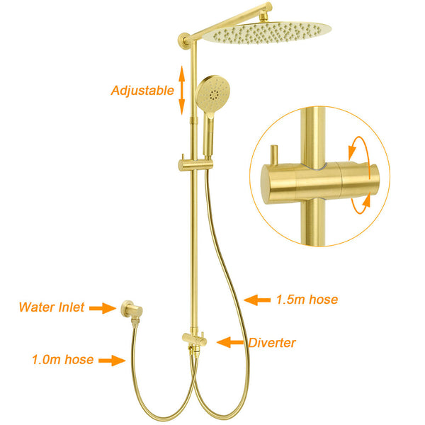 Wels Brushed Gold Rain Shower 12" Head 3 Mode Handheld Rose Sliding Rail Round Taps Set Shower Heads & Combos