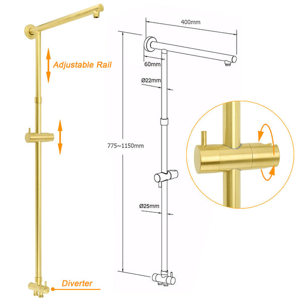 Wels Brushed Gold Rain Shower 12" Head 3 Mode Handheld Rose Sliding Rail Round Taps Set Shower Heads & Combos