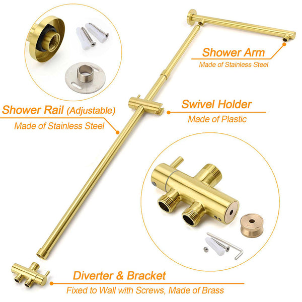 Wels Brushed Gold Rain Shower 12" Head 3 Mode Handheld Rose Sliding Rail Round Taps Set Shower Heads & Combos