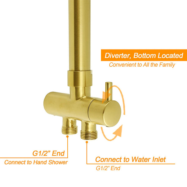 Wels Brushed Gold Rain Shower 12" Head 3 Mode Handheld Rose Sliding Rail Round Taps Set Shower Heads & Combos