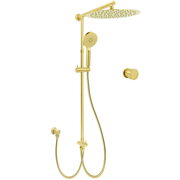 Brushed Gold Dual Round Shower 12" Top Head 3 Mode Handheld Sliding Rail Arm Mixer Valve Shower Heads & Combos