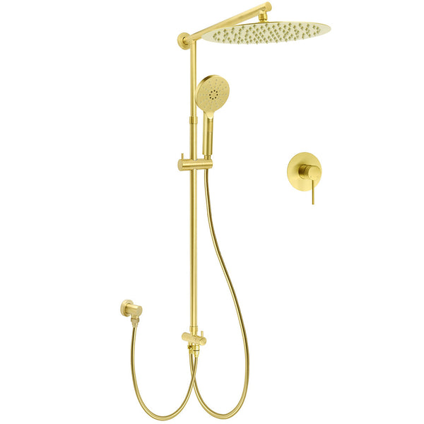 Wels Brushed Gold 2In1 Large Round Shower 12" Rain Head 3 Mode Handheld Sliding Rail Mixer Set Shower Heads & Combos