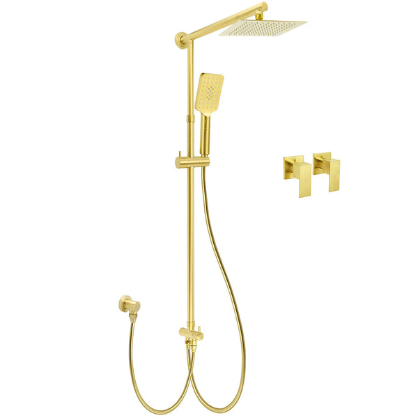 Brushed Gold Dual Square 8" Rain Shower Head 3 Mode Handheld Sliding Rail Arm Twin Taps Set Shower Heads & Combos