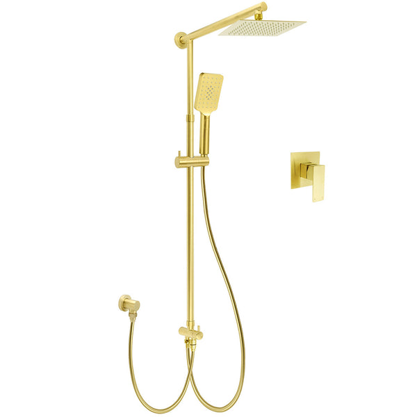 Wels Brushed Gold Square 8" Rain Shower Head 3 Mode Handheld Sliding Rail Arm Dual Mixer Set Shower Heads & Combos