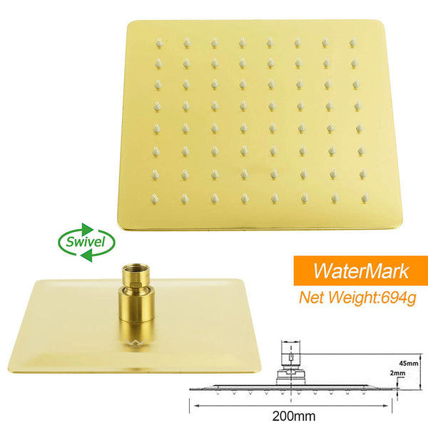 Wels Brushed Gold Square 8" Rain Shower Head 3 Mode Handheld Sliding Rail Arm Dual Mixer Set Shower Heads & Combos
