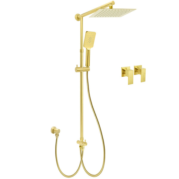 Brushed Gold Square 10" Rain Head 3 Mode Handheld Sliding Rail Wall Arm Dual Shower Taps Set Shower Heads & Combos