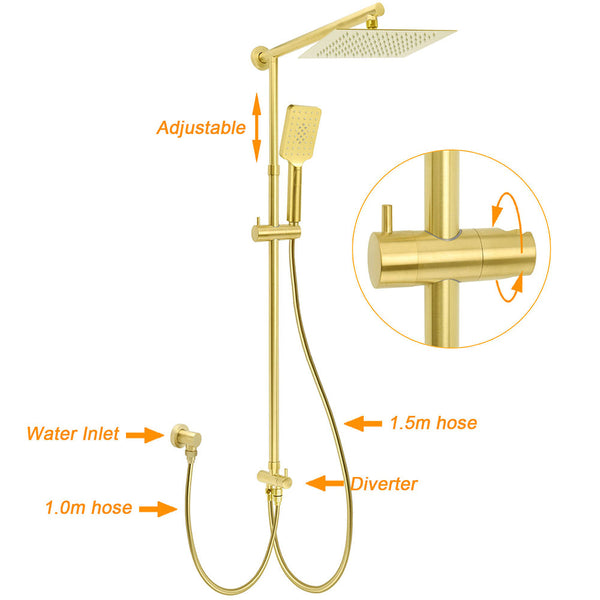 Wels Brushed Gold Square 10" Rain Head 3 Mode Handheld Sliding Rail Wall Mixer 2In1 Shower Set Shower Heads & Combos