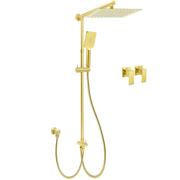 Brushed Gold Square 12" Rain Head 3 Mode Handheld Rose Sliding Rail Wall Arm Dual Shower Taps Set Shower Heads & Combos