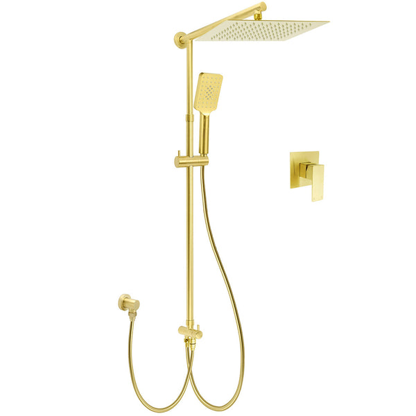 Wels Brushed Gold Square 12" Rainfall Head 3 Modes Handheld Sliding Rail Wall Mixer 2In1 Shower Set Shower Heads & Combos