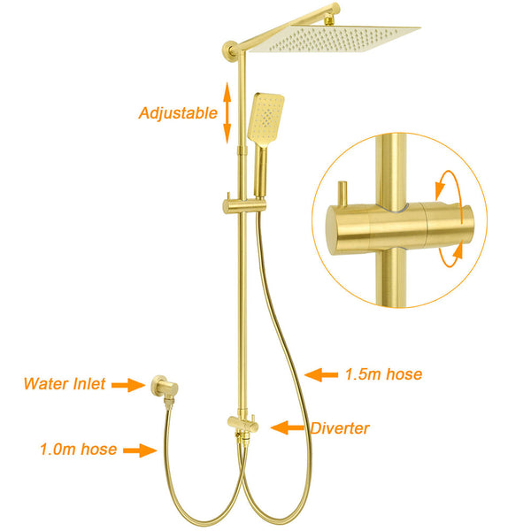 Wels Brushed Gold Square 12" Rainfall Head 3 Modes Handheld Sliding Rail Wall Mixer 2In1 Shower Set Shower Heads & Combos
