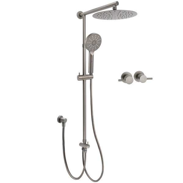 Wels Gun Metal 2In1 Round Shower 10" Rain Head 3 Mode Handheld Sliding Rail Twin Taps Set Shower Heads & Combos