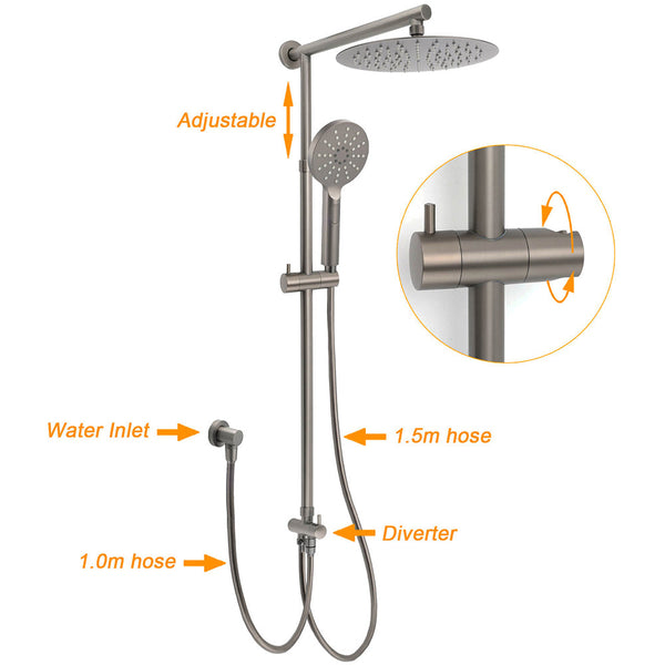 Wels Gun Metal Dual Round Shower Head 10" Rain 3 Mode Handheld Sliding Rail Diverter Set Shower Heads & Combos