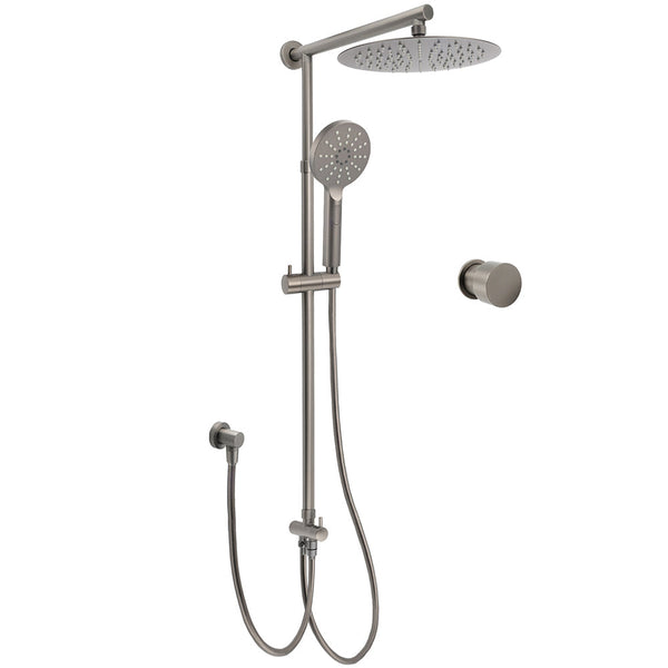 Wels Gun Metal Dual Round Shower 10" Rain Head 3 Mode Handheld Sliding Rail Arm Mixer Set Shower Heads & Combos