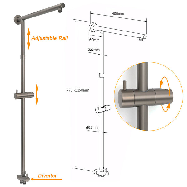 Wels Gun Metal Dual Round Shower 10" Rain Head 3 Mode Handheld Sliding Rail Arm Mixer Set Shower Heads & Combos