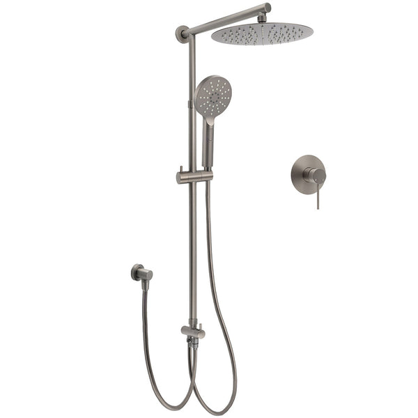 Wels Gun Metal Double Round Shower 10" Rain Head 3 Mode Handheld Sliding Rail Mixer Valve Set Shower Heads & Combos