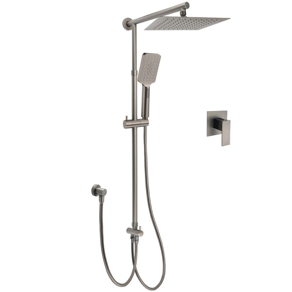 Wels Gun Metal 2In1 Shower Set Square 10" Rain Head Handheld Silde Rail Hot Cold Mixer Shower Heads & Combos