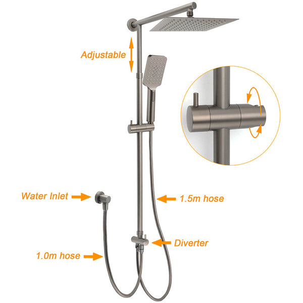 Wels Gun Metal 2In1 Shower Set Square 10" Rain Head Handheld Silde Rail Hot Cold Mixer Shower Heads & Combos