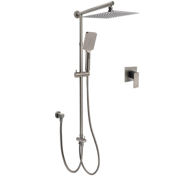 Wels Gun Metal 2In1 Shower Set Square 12" Rain Head 3 Modes Handheld Silde Rail Hot Cold Mixer Shower Heads & Combos
