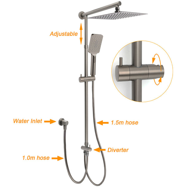 Wels Gun Metal 2In1 Shower Set Square 12" Rain Head 3 Modes Handheld Silde Rail Hot Cold Mixer Shower Heads & Combos