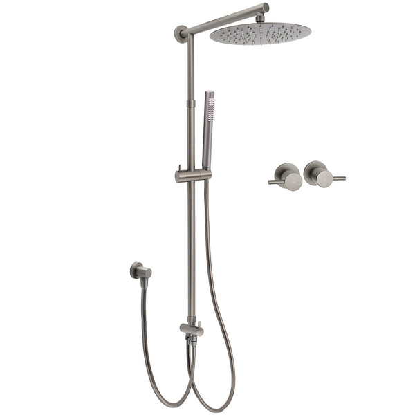 Wels Gun Metal 2In1 Round Shower 10" Rain Head Single Mode Handheld Sliding Rail Twin Taps Set Shower Heads & Combos