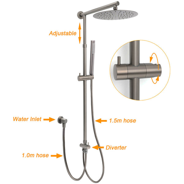 Wels Gun Metal Double Round Shower 10" Rain Head Handheld Sliding Rail Mixer Valve Set Shower Heads & Combos