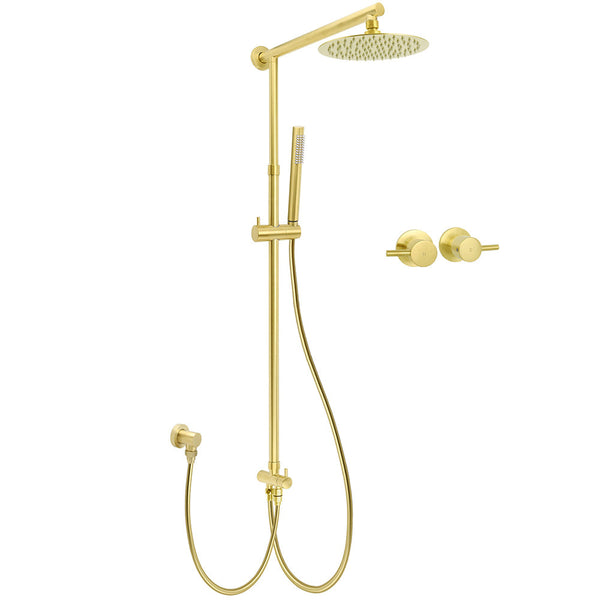 Wels Brushed Gold 8" Round Shower Head Stainless Steel Handheld Rose Sliding Rail Twin Taps Set Shower Heads & Combos