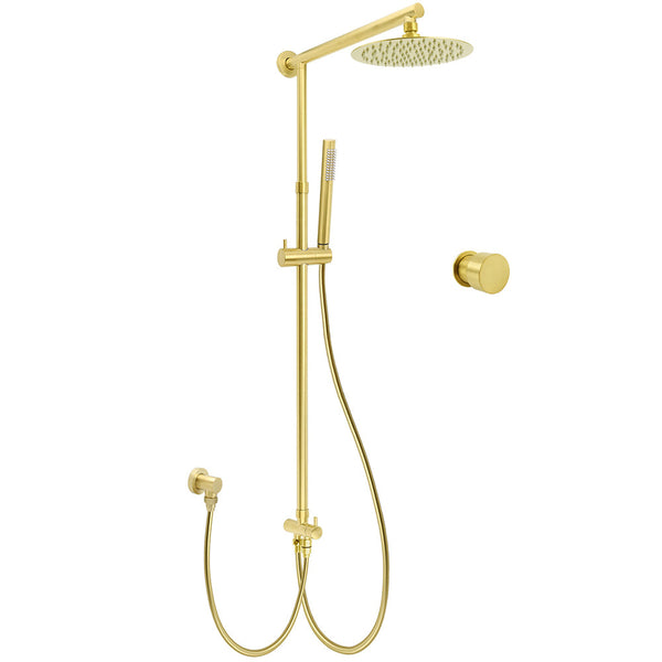 Wels Brushed Gold 2In1 Shower Set 8" Round Head Metal Handheld Rose Sliding Rail Mixer Valve Shower Heads & Combos