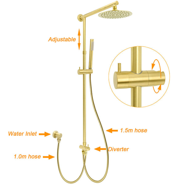 Wels Brushed Gold Shower 8" Round Head Stainless Steel Handheld Rose Sliding Rail Mixer Dual Set Shower Heads & Combos