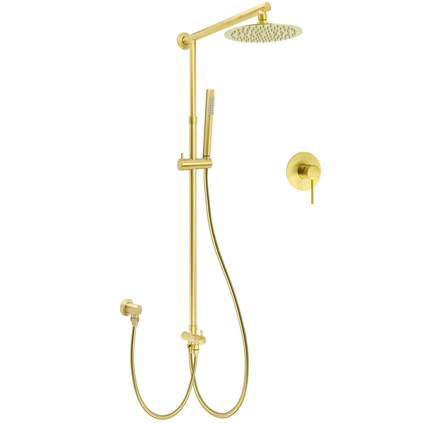 Wels Brushed Gold Twin Shower 8" Round Head One Mode Handheld Rose Sliding Rail With Mixer Set Shower Heads & Combos