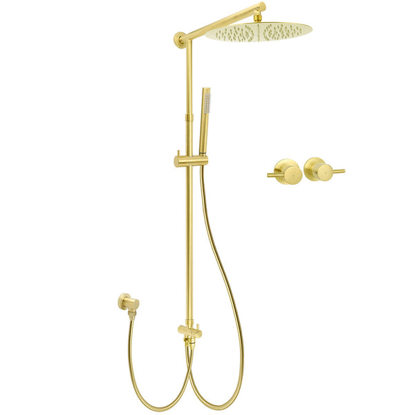 Wels Brushed Gold Round 12" Shower Head Single Mode Handheld Rose Sliding Rail Twin Taps Set Shower Heads & Combos