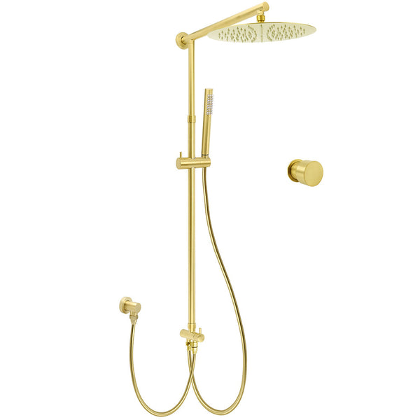 Brushed Gold Dual Round Shower 12" Top Head Simple Stick Handheld Sliding Rail Arm Mixer Valve Shower Heads & Combos