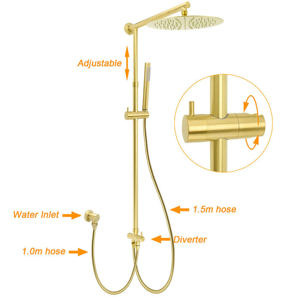 Brushed Gold Dual Round Shower 12" Top Head Simple Stick Handheld Sliding Rail Arm Mixer Valve Shower Heads & Combos
