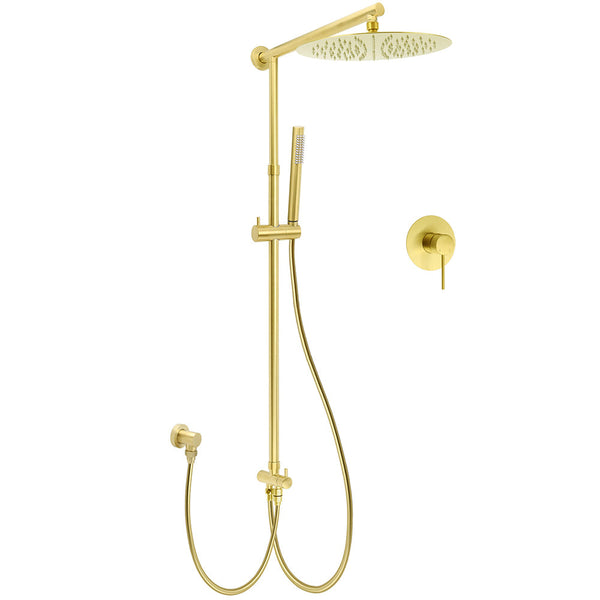 Wels Brushed Gold 2In1 Large Round Shower 12" Rain Head Stainless Steel Handheld Sliding Rail Mixer Set Shower Heads & Combos