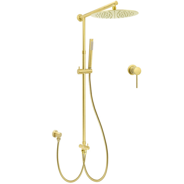 Wels Brushed Gold Dual Large Round Shower Set 12" Rain Head Stainless Steel Handheld Sliding Rail Small Face Mixer Shower Heads & Combos