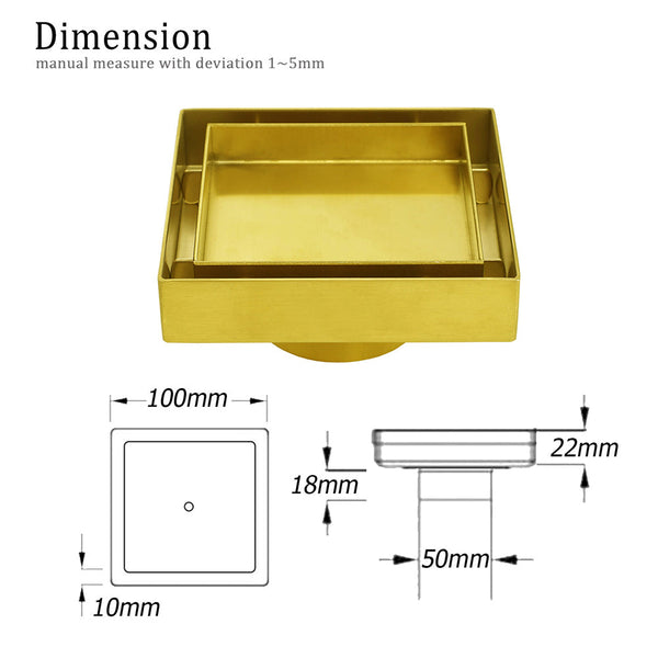 Brushed Gold 100Mm Square Tile Insert Floor Drain Tiny Shower Grate 50Mm Waste Drain Grates