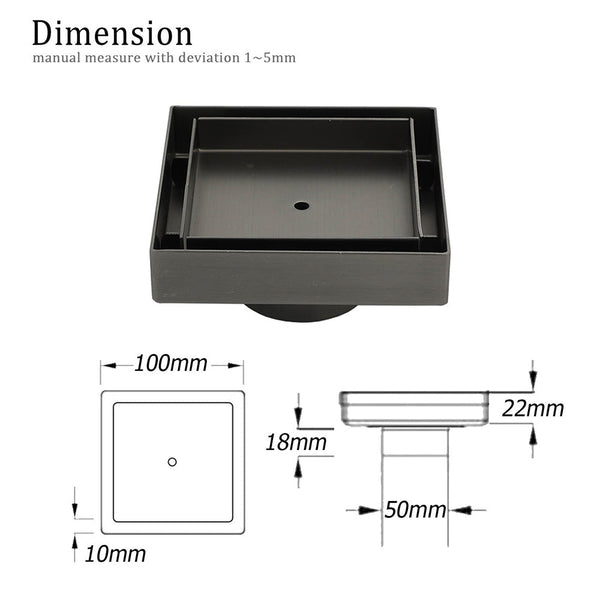 Gun Metal 100Mm Square Tile Insert Floor Drain Small Shower Grate 50Mm Waste Set Drain Grates