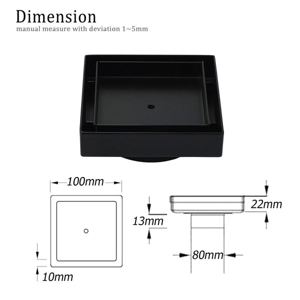 Matt Black Square 100X100mm Tile Insert Floor Drain Shower Grate 80Mm Outlet Waste Drain Grates