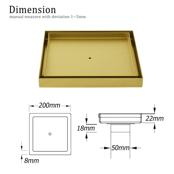 Brushed Gold Large 200Mm Tile Insert Floor Drain Shower Grate 50Mm Waste Outet Drain Grates