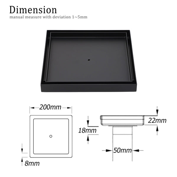 Matt Black Bathroom Big 200Mm Tile Insert Floor Drain Shower Grate 50Mm Outlet Drain Grates