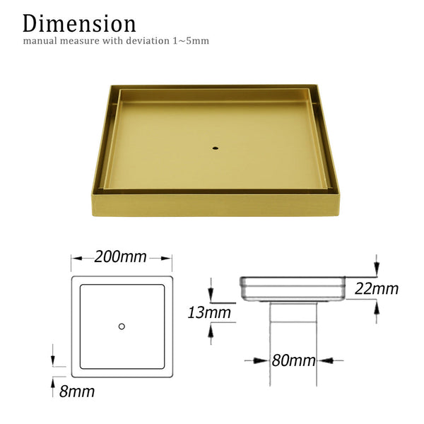 Brushed Gold Large 200Mm Tile Insert Bathroom Floor Drain Grate 80Mm Waste Outet Drain Grates