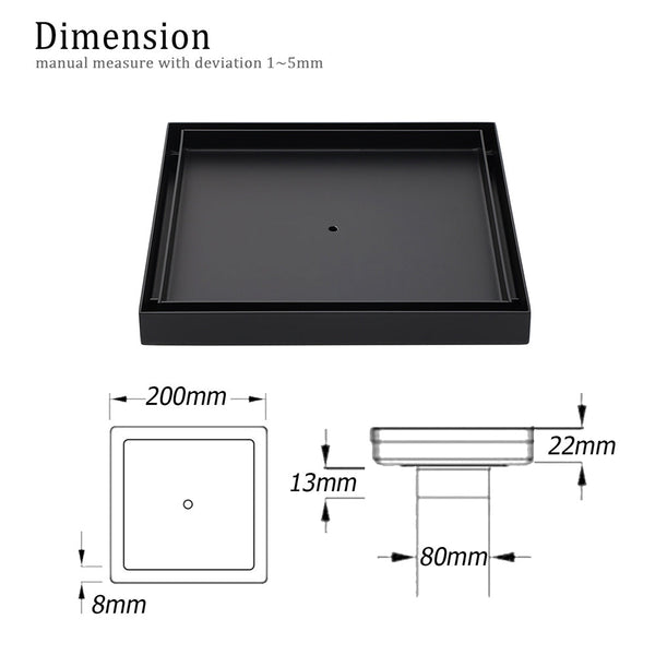 Watermark Matt Black Large 200Mm Tile Insert Floor Drain Shower Grate 80Mm Waste Drain Grates