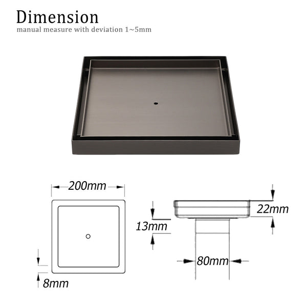 Gun Metal Large Square 200X200mm Tile Insert Floor Drain Shower Grate 80Mm Waste Drain Grates