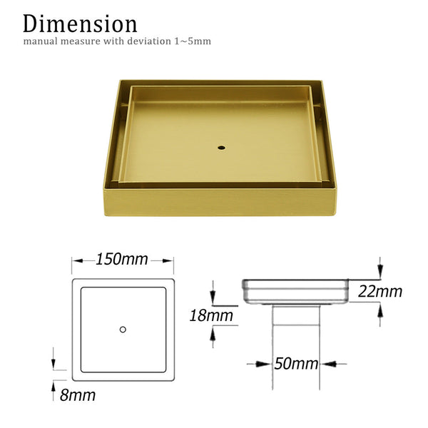 Brushed Gold Square 150X150mm Tile Insert Floor Drain Shower Grate 50Mm Waste Drain Grates