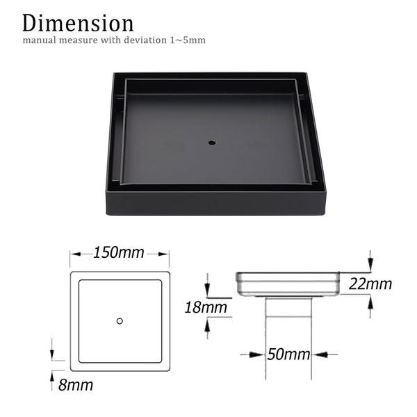 Matt Black 150X150mm Tile Insert Floor Drain Shower Grate 50Mm Outlet Watermark Drain Grates