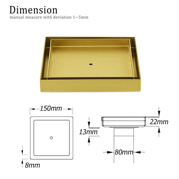 Brushed Gold 150X150mm Tile Insert Floor Drain Shower Grate 80Mm Waste Watermark Drain Grates