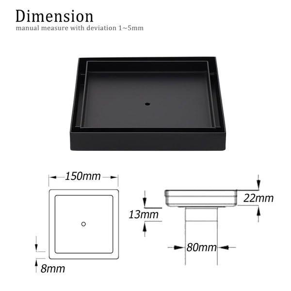 Watermark Black 150X150mm Tile Insert Floor Drain Shower Grate 80Mm Waste Outlet Drain Grates