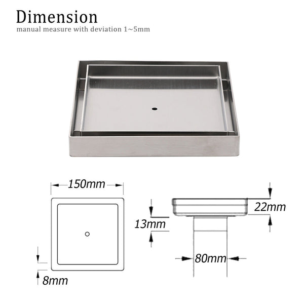 Square 150X150mm Tile Insert Floor Drain 80Mm Waste Stainless Steel Shower Grate Drain Grates